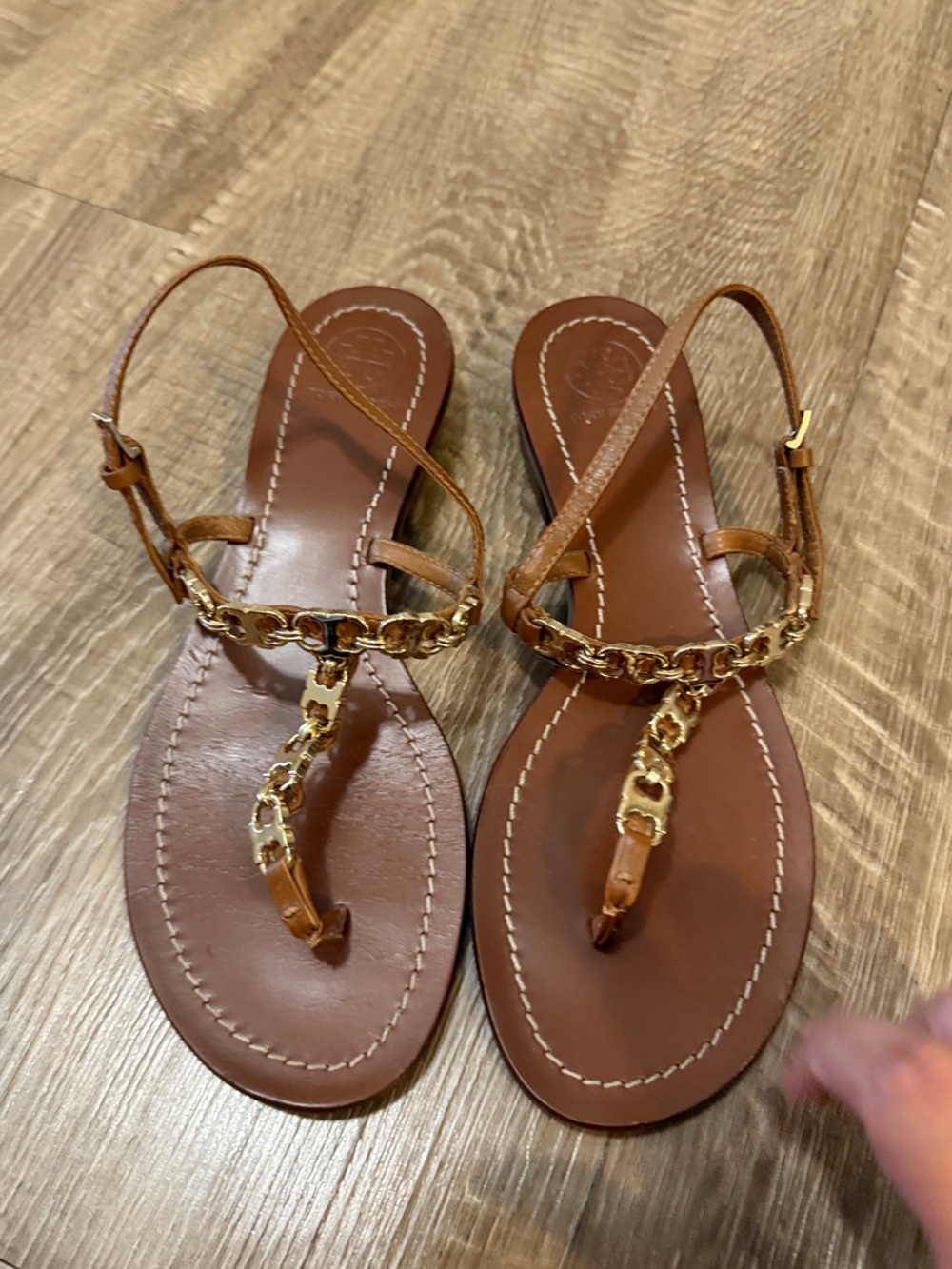 Tory Burch Brown Leather T-Strap Sandals with Gold Chain